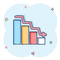 ícone de tendência de mercado em estilo cômico. seta de declínio com ilustração em vetor lupa dos desenhos animados no fundo branco isolado. diminuir o conceito de negócio de efeito de respingo.