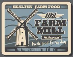 comida de fazenda saudável e cartaz retrô de moinho de grãos vetor