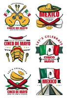 cinco de mayo vector esboço retrô ícones mexicanos