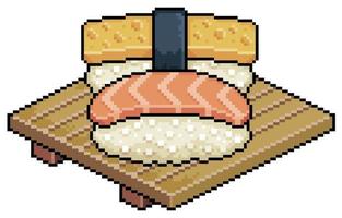 pixel art saquê nigiri e tamago no ícone de vetor de placa de sushi de madeira para jogo de 8 bits em fundo branco