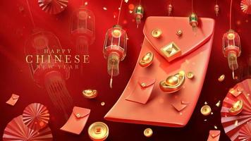 fundo de estilo de luxo vermelho com ornamentos 3d realistas do ano novo chinês com decorações de efeito de luz e bokeh.