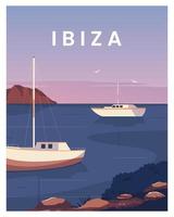 cartaz de viagem do mar de ibiza com paisagem de barco. viajar para ibiza, espanha. fundo de ilustração vetorial adequado para cartaz, cartão, cartão postal. vetor
