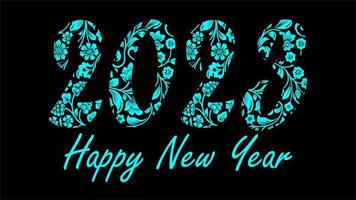 feliz ano novo 2023 texto azul com ornamento floral isolado no vetor de fundo preto