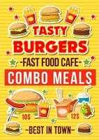 menu de vetor de restaurante de hambúrgueres fastfood