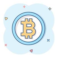 ícone de bitcoin em estilo cômico. ilustração em vetor blockchain dos desenhos animados em fundo branco isolado. conceito de negócio de efeito de respingo de criptomoeda.