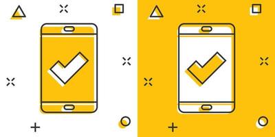 ícone de marca de seleção de telefone em estilo cômico. ilustração em vetor desenho animado de aprovação de smartphone em fundo branco isolado. confirme o conceito de negócio de efeito de respingo.