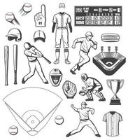 equipamentos esportivos de beisebol e ícones de roupas de jogadores vetor