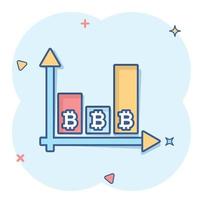 ícone de crescimento de bitcoin em estilo cômico. ilustração em vetor blockchain dos desenhos animados em fundo branco isolado. conceito de negócio de efeito de respingo de criptomoeda.