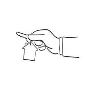 mão de closeup de arte de linha do empresário segurando a mão de vetor de ilustração de chave de casa desenhada isolada no fundo branco