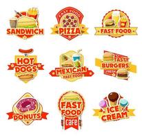 rótulos de fast food de hambúrgueres, bebidas e sobremesas vetor