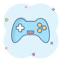 ícone de sinal de joystick em estilo cômico. gamepad vector cartoon ilustração sobre fundo branco isolado. efeito de respingo de conceito de negócio de controlador de console de jogos.