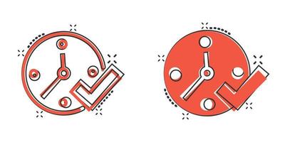 ícone de marca de seleção de relógio em estilo cômico. ilustração em vetor dos desenhos animados aprovação temporizador no fundo branco isolado. confirme o conceito de negócio de efeito de respingo.