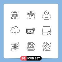 grupo de símbolos de ícone universal de 9 contornos modernos de notas de dólares festa upload elementos de design de vetores editáveis em nuvem