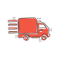 ícone rápido de envio em estilo cômico. ilustração em vetor desenhos animados de caminhão de entrega em fundo isolado. conceito de negócio de sinal de efeito de respingo logístico expresso.