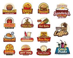 ícones de bebidas, sobremesas e hambúrgueres de fast food vetor