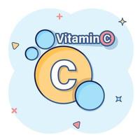 ícone de vitamina c em estilo cômico. ilustração em vetor desenho cápsula pílula em fundo branco isolado. conceito de negócio de efeito de respingo de droga.