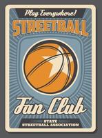 cartaz retrô do vetor do fã-clube do esporte streetball