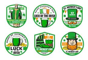 st patrick, cerveja, duende, chapéu e ouro. Distintivos vetor