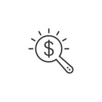 vidro de lupa com ícone de dinheiro em estilo simples. ilustração em vetor busca dólar em fundo branco isolado. conceito de negócio de moeda financeira.