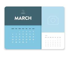 vetor de modelo de calendário mensal de 2023 de negócios mínimos criativos. mesa, calendário de parede para impressão, calendário digital ou planner. semana começa na segunda. design de layout de calendário anual moderno simples. março.