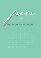 vetor de modelo de calendário mensal de 2023 de negócios mínimos criativos. mesa, calendário de parede para impressão, calendário digital ou planner. semana começa na segunda-feira. design de layout de calendário anual moderno simples. Junho.