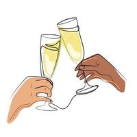 uma linha de taças de champanhe clink.two mãos torcendo com taças de vinho vector illustration.cheers, mão segurando bebidas de férias, desenho de linha contínua. conceito linear minimalista de celebrar