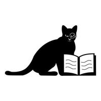 logotipo de gato gordo sentado silhueta fofa pesquisando óculos enquanto morde um livro vetor