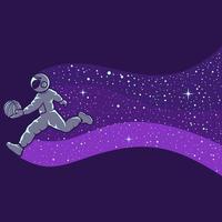 astronautas jogando basquete isolados em roxo vetor