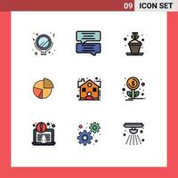 conjunto de cores planas de linha preenchida de interface móvel de 9 pictogramas de diagrama de gráfico de hobby de corretor elementos de design de vetores editáveis