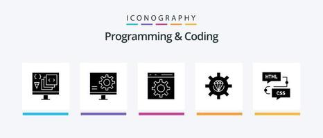 pacote de ícones de programação e codificação de glifos 5, incluindo desenvolvimento. codificação. erro. desenvolvimento. design de ícones criativos vetor