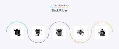 Black Friday Glyph 5 Icon Pack incluindo promoção. venda. venda. desconto. sexta-feira preta vetor