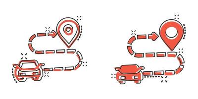 ícone de destino de carro em estilo cômico. ilustração em vetor dos desenhos animados de navegação do carro no fundo branco isolado. localize o conceito de negócio de efeito de respingo de posição.