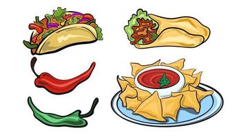 vetor comida tradicional mexicana burrito chili e tacos desenhados no estilo cartoon plana.