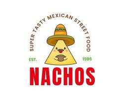 nachos cartoon logo vintage retrô. comida mexicana. comida de rua tradicional. conceito de personagem de comida adorável fofo. os nachos usam chapéu sombrero com molho de guacamole. ilustração de arte vetorial vetor