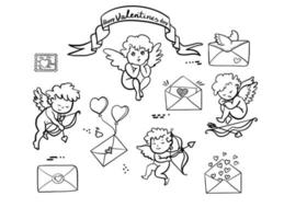 definir cupido voador e e-mails de amor. vetor linear desenhado à mão no fundo branco.