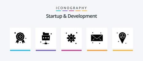 pacote de ícones de inicialização e desenvolvimento glyph 5 incluindo . engrenagens. cara. localização. design de ícones criativos vetor