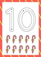 flashcard de natal como escrever o número dez. planilha para crianças. vetor
