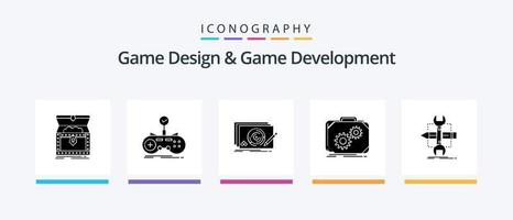 pacote de ícones de glyph 5 de design e desenvolvimento de jogos, incluindo produção. pasta. controle. jogos. novo. design de ícones criativos vetor