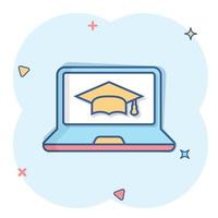 ícone de educação elearning em estilo cômico. estudo pictograma de ilustração vetorial dos desenhos animados. efeito de respingo de conceito de negócios de treinamento on-line de computador portátil. vetor