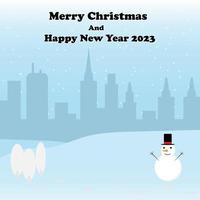 feliz natal boneco de neve na montanha com fundo de cidade de sombra com cartão postal de vetor de inverno de neve