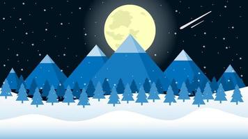 inverno de neve à noite com a montanha e o vale com grande luz da lua e ilustração de estrela cadente vetor