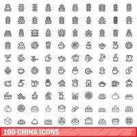 conjunto de 100 ícones da china, estilo de estrutura de tópicos vetor