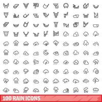 Conjunto de 100 ícones de chuva, estilo de estrutura de tópicos vetor