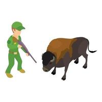 bisão capturando o vetor isométrico do ícone. homem com rifle na mão e bisonte europeu