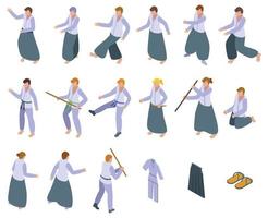 ícones de aikido definem vetor isométrico. lutar contra pessoas