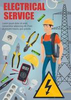 eletricista com ferramentas. equipamento e serviço vetor