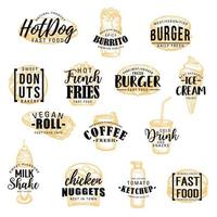 refeições de fast-food de rua esboçam ícones com letras vetor