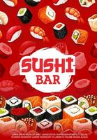 menu de sushi bar, unagi maki e sashimi rolls vetor