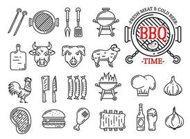 carne de churrasco e salsichas grill bar line icons vetor