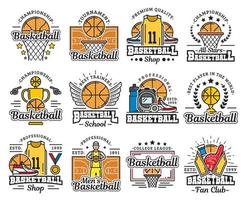 ícones de itens de basquete, loja de esportes e escola vetor